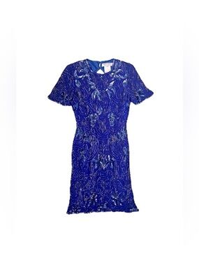 Adrianna Papell • 100% Silk Blue Vintage Evening Dress Embellished Sequins Beads